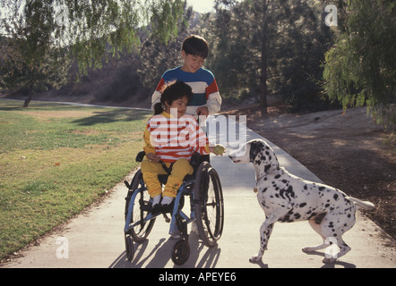 Children animal young female wheelchair multi ethnic inter racial diversity racially diverse multicultural cultural interracial child playing dog Myrleen Pearson Stock Photo