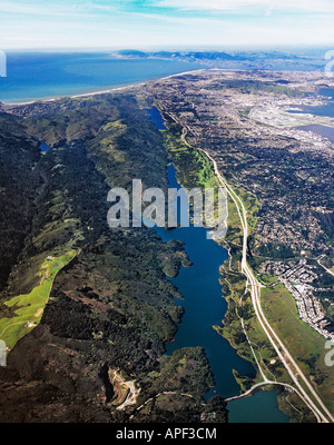 aerial above San Andreas fault line Crystal Springs reservoir CA interstate I-280 San Francisco and Pacific ocean in background
