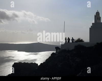 Greek Orthodox chapel in the village of Imerovigli high above the volcanic caldera on the Greek island of Santorini Stock Photo