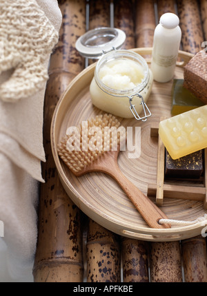 Selection of soaps and natural beauty products Stock Photo