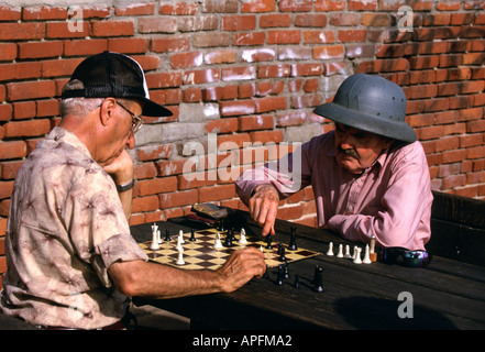 Two senior men playing chess Stock Photo