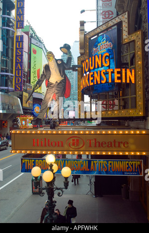 The marquee for the new Mel Brooks musical Young Frankenstein is seen on the Hilton Theatre on 42nd st in Times Square in NYC