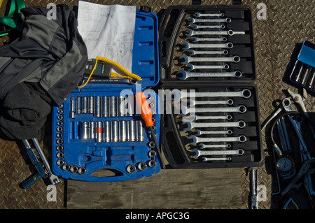 Socket wrenches and box wrenches in storage boxes Stock Photo