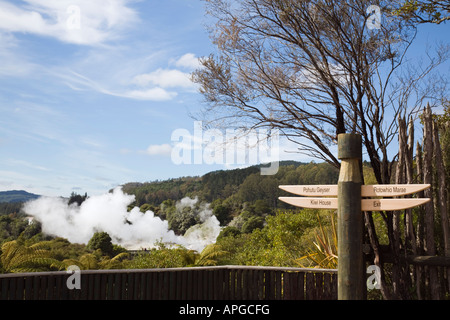 Signpost and viewpoint overlooking steaming geysers in NZ Arts and Crafts Institute in Whakarewarewa Thermal Reserve Rotorua Stock Photo