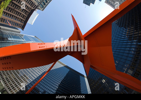 ILLINOIS Chicago Orange metal Flamingo sculpture by Alexander Calder Federal Center Plaza curving structure fisheye Stock Photo