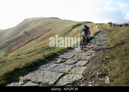 Mountain Biker rides in Peak District, England. UK Stock Photo