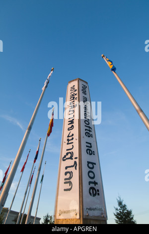 ILLINOIS Rockford Keeling Puri Peace Plaza peace pole several languages May Peace on Earth Prevail Stock Photo