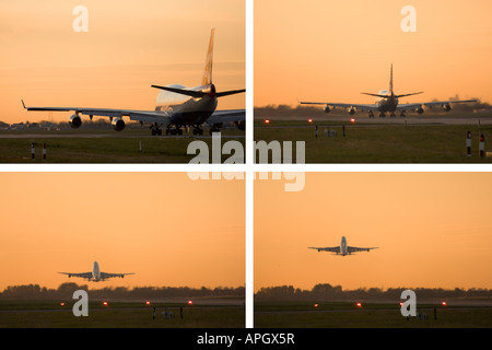 4 image collage showing progess of British Airways Boeing 747 taking off at London Heathrow Airport UK Stock Photo