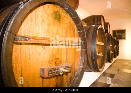 Wooden wine barrels in a wine cellar Stock Photo