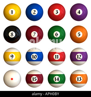 Sixteen pool balls isolated on a white background (3D rendering) Stock Photo