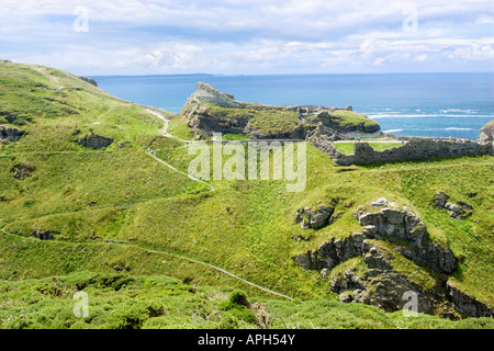 The thirteenth century ruin of Tintagel Castle on top of Tintagel Head in Cornwall, England. Stock Photo