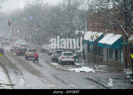 Downtown historic Littleton Colorado in a snow storm Stock Photo