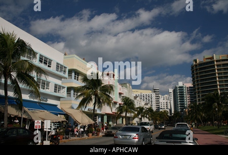 Art deco architecture with palm trees on Ocean Drive Miami beach  November 2007 Stock Photo