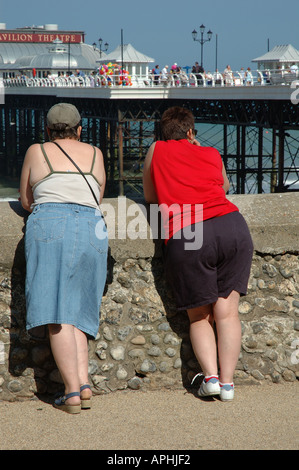 Uk, Norfolk, Cromer, two women leaning on flint wall at Cromer and looking out at pier and Pavilion Theatre, rear view Stock Photo