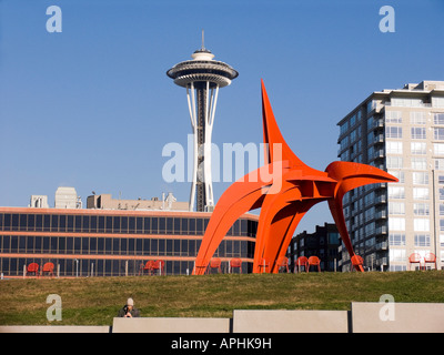 Space Needle and Eagle Sculpture Olympic Sculpture Park Seattle Washington Stock Photo
