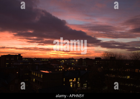 Dusk, above the city. Evening sun set. Landscape Stock Photo