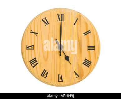 Wooden clock face isolated on white Stock Photo