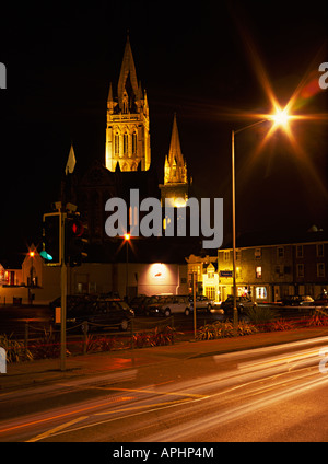 images of truro cathedral at night with light trails in the foreground Stock Photo