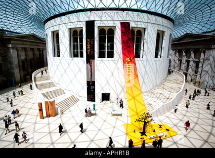 Sun casting shadows on the Great Court at the British Museum and the Reading Room from the roof designed by Sir Norman Foster Stock Photo