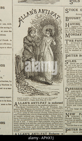 Victorian advert for Allan's Anti Fat treatment showing two ladies discussing their figure and weight - 19th Century UK Stock Photo