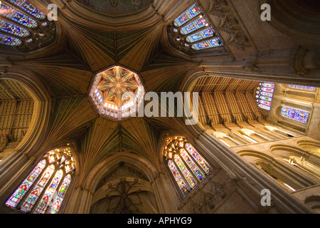 The Cathedral Church of the Holy and Undivided Trinity of Ely interior showing octagonal lantern, nave and stained glass windows Stock Photo