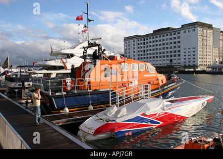 RNLI Lifeboat Tamar class outside in the Royal Victoria dock at the Collins Stewart London Boat Show Excel  London Stock Photo