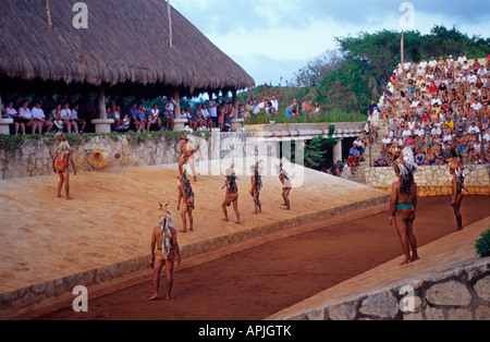 Cancun Recreation of the traditional Juego de Pelota Maya in Xcaret Theme Park Attractions Riviera Maya Mexico Stock Photo