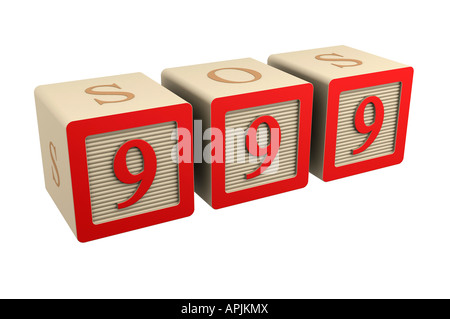 toy wooden block 999 emergency phone number sos Stock Photo