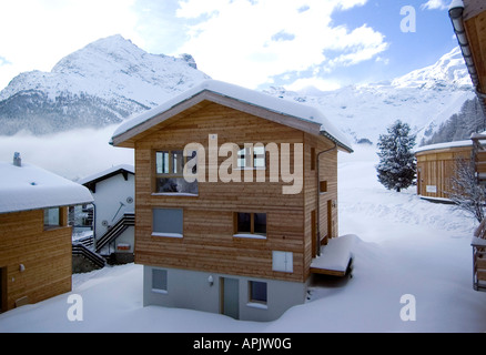 Luxury wooden chalet in the ski resort of Saas Fee in Wallis mountain range in Switzerland Stock Photo