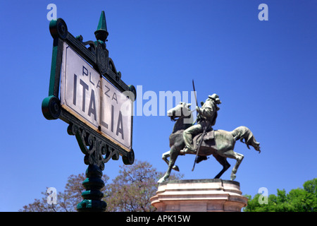 Plaza Italia monument to Garibaldi and lettering at foreground. Palermo neighborhood,  Buenos Aires, Argentina Stock Photo