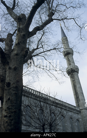 Turkey Istanbul The Blue Mosque Snow On One Of Its Six Minarets Stock Photo