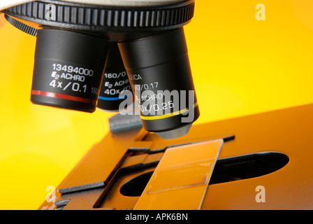 Close up of a microscope in a research lab showing the objective lenses and a slide Stock Photo