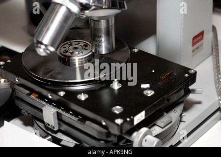 Hard disk drive under a microscope Stock Photo