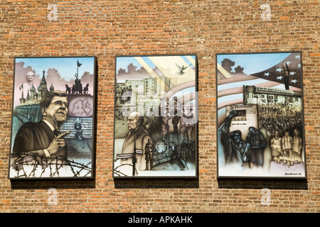 ILLINOIS Dixon Paintings of historic moments President Ronald Reagan life on brick wall Wings of Peace and Freedom park Stock Photo