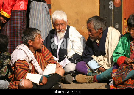 Bhutan Paro Festival Tsechu elderly Bhutanese men Stock Photo