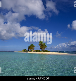 Distant view looking over sea to a tropical desert island with palm trees Sandy Island off Anguilla Island The Caribbean Stock Photo