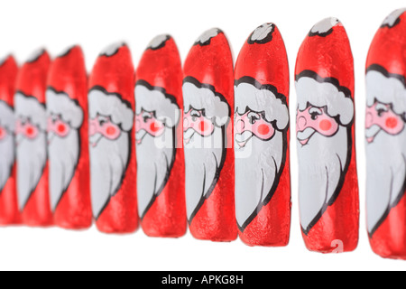 chocolate santa clauses in rank Stock Photo