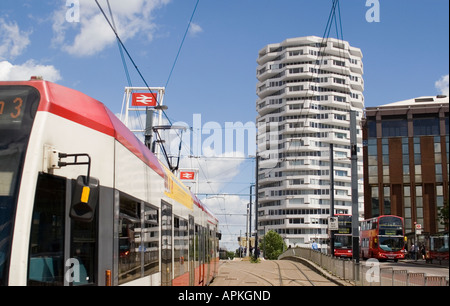 Tram outside East Croydon railway station and NLA tower  ENGLAND Stock Photo