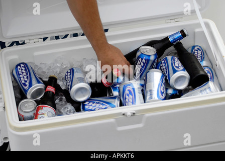 Hand reaching for beer from a cooler filled with ice Stock Photo - Alamy