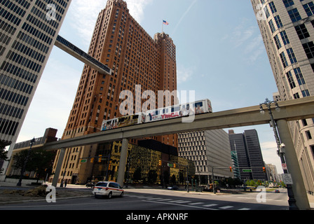 The People Mover above ground train subway system shuttles people around the loop in downtown Detroit Michigan MI Stock Photo