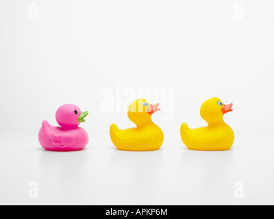 Three rubber ducks in row Stock Photo