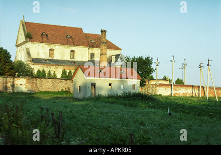 Olesko, building, Ukraine, Ukrania, Lviv, L'viv, castle, wall, sky, window, architecture,  field, green, roof, stork, column Stock Photo