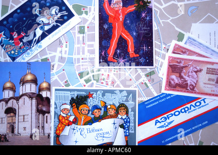 Montage postcards currency Aeroflot tickets map Leningrad St Petersburg Russia Stock Photo