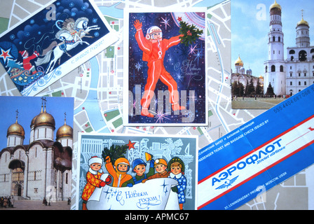 Montage postcards currency Aeroflot tickets map Leningrad St Petersburg Russia Stock Photo