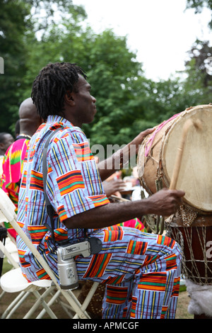 African entertainers at Tarquair Fayre North East England summer fayre uk. Stock Photo