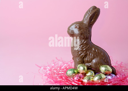 Chocolate Easter Bunny and Easter eggs Stock Photo