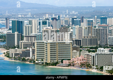 Waikiki Beach and Honolulu city center view from top of Diamond Head extinct volcano Oahu Hawaii USA Stock Photo