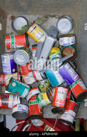 Empty food cans waiting for recycling in the UK. Stock Photo