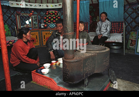 Mongolian family in national dwelling yurt. Tsagaan Nuur somon. Brigade number 2. North Mongolia Stock Photo