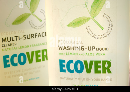 Ecover ethical household cleaning washing up liquid and multi surface cleaner in reusable plastic bottles Stock Photo